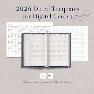 Puede incluir: Un planificador digital con plantillas fechadas de 2026 para lienzo digital. La imagen muestra un calendario anual, un calendario mensual y un planificador semanal. El planificador incluye formatos PNG y PDF. El texto dice "69 plantillas de planificación útiles para la planificación digital."