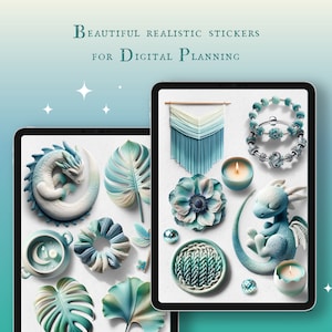 May include: Two digital tablet screens displaying a collection of blue and white digital stickers for digital planning. The stickers include a sleeping dragon, a woven wall hanging, a candle, a flower, a bracelet, and various leaves.