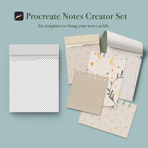 May include: A set of six Procreate note templates featuring different designs, including a plain white template, a template with stars and moons, and a template with a floral pattern. The templates are designed to bring your notes to life.