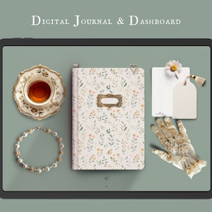 May include: A digital tablet screen displaying a digital journal and dashboard with a floral pattern, a teacup and saucer, a pearl necklace, a pair of white gloves, a tag with the word "notes" and a small white flower.