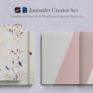 May include: A journaler creator set with two templates for Procreate and Photoshop. The journals have floral and butterfly designs. One journal is open, revealing pink and white pages. The text "Journaler Creator Set" is at the top.