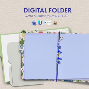 Könnte beinhalten: Ein digitaler Ordner mit der Aufschrift "DIGITAL FOLDER Retro Summer Journal DIY Kit", bestehend aus einem hellgrünen Ordner und einem offenen Ordner mit Kaktusmuster, der eine hellviolette Seite mit einem blauen Schnur-Lesezeichen mit blauen Blumenperlen enthält.