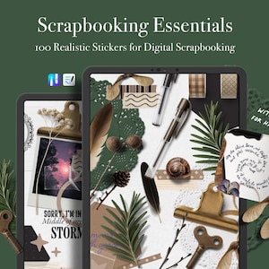 May include: Digital scrapbooking essentials with 100 realistic stickers. The image shows a tablet with various decorative elements, including pens, keys, leaves, and a photo with the text "Sorry, I'm in Middle of my STORM". The text "Scrapbooking Essentials" is at the top.
