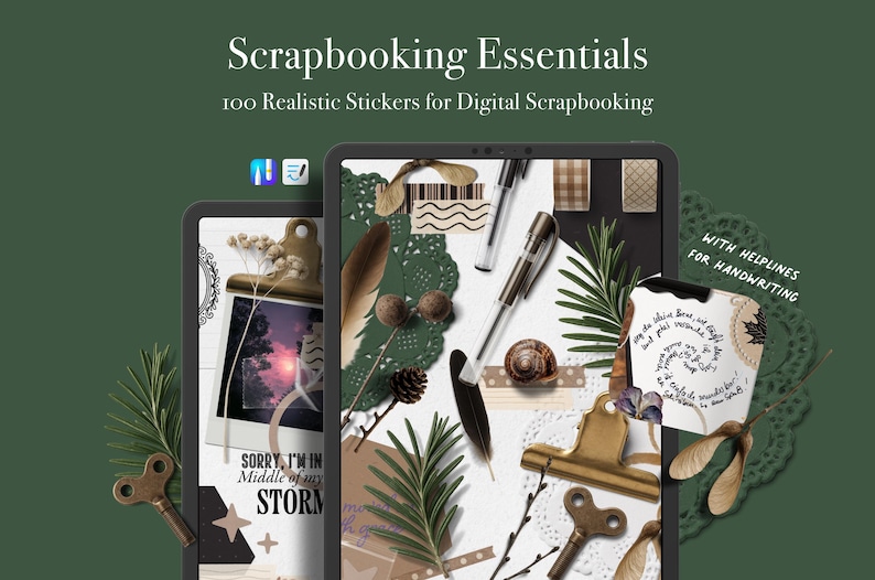 May include: Digital scrapbooking essentials with 100 realistic stickers. The image shows a tablet with various decorative elements, including pens, keys, leaves, and a photo with the text "Sorry, I'm in Middle of my STORM". The text "Scrapbooking Essentials" is at the top.