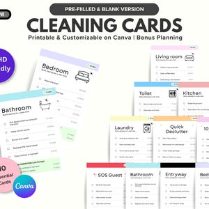 May include: A collection of printable cleaning cards featuring various household tasks for rooms like the bedroom, bathroom, kitchen, and living room. The cards include checkboxes, time estimates, and icons, with text labels such as ADHD Friendly and 10 Essential Cards.