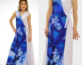Blue Floral Printed Woman Wrap Sleeveless Dress,Handmade Art Print, Painting Art Print Dress Size S/M/L Printed Women Dress Art on Clothes