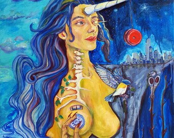 Horoscope Portrait hand painted, Women Aquarius Zodiac, Wall Art