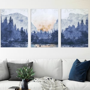 Set of 3 Prints Blue | Set of 3 Wall Art Canvas | 3 piece wall art | Minimalist Wall Art | UNFRAMED Yosemite Landscape Art