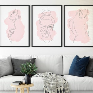 3 piece wall art | Home Decor Wall Art | Pink Line Art Prints | Single Line Feminist Art