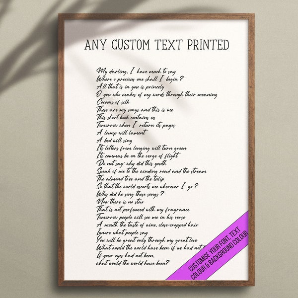 Custom Poem Print | Beliebiger Text | Benutzerdefinierte Songtexte Kunstwerk | Personalisiertes Zitat Druck | UNGERAHMT Drucke