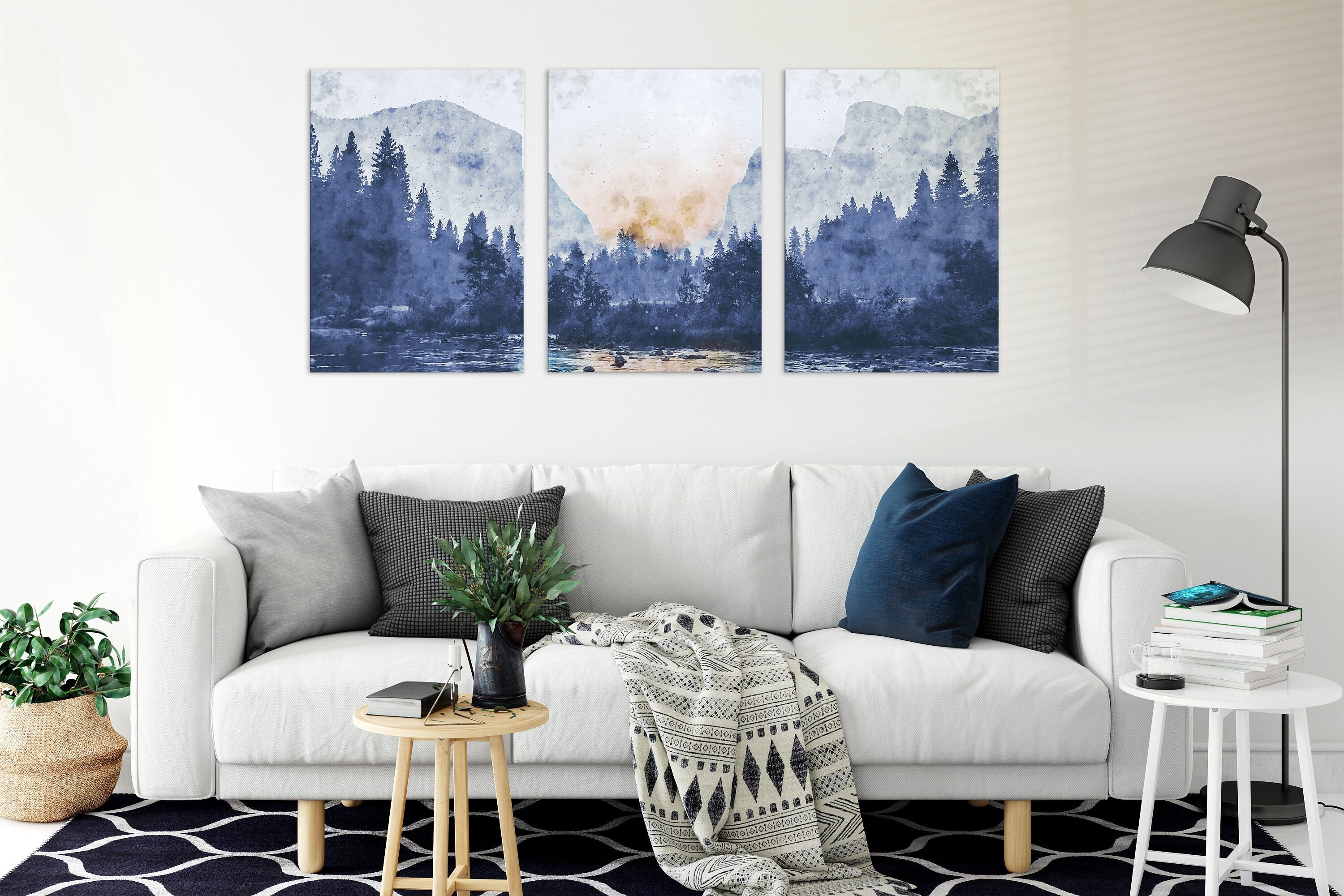 Set of 3 Prints Blue Set of 3 Wall Art Canvas 3 Piece Wall Etsy