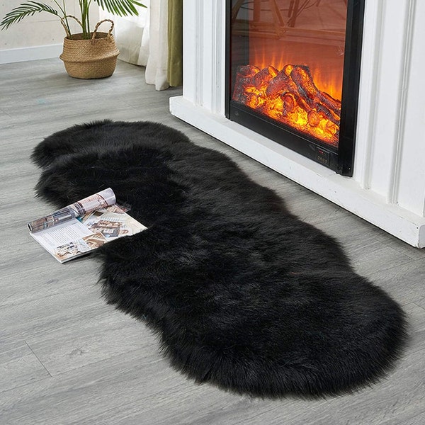 Room Decor 2x6 Feet Rug-Black Fur Rug- Soft Rug- Sheepskin Rug- Nursery Rug- Rugs For Bedroom-Rugs For Living Room Sheepskin Rug