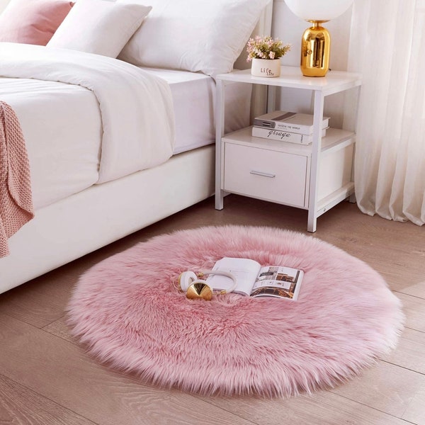 Room Decor 3x3 Feet Pink Fur Rug Round Sheepskin Faux Fur Rug-Rugs For Bedroom- Rugs For Living Room- Pink Rug-Nursery Rug