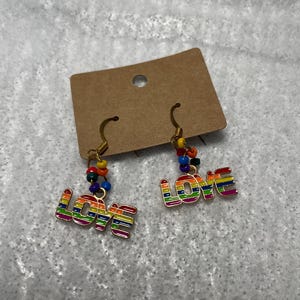 Gold Pride Rainbow Love Dangle Earrings. Up Cycle Rainbow Beads