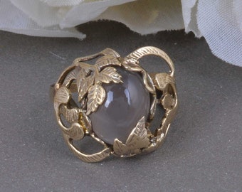 Grauer Mondstein Ring, Messing Edelstein Ring, Vintage Ring, einzigartiger Ring, Statement Ring, Blatt Design Ring, Geschenk für sie, Geschenke für Frauen, Boho Ring
