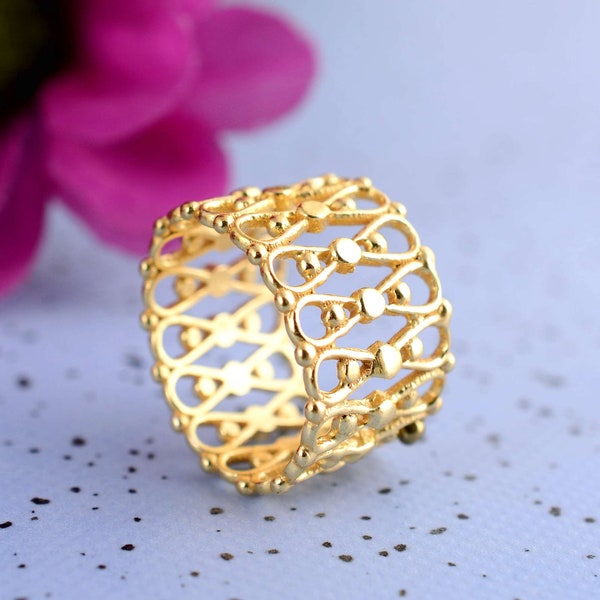 Bague en filigrane, bague de manchette en or 14 carats, bague en dentelle délicate, bagues en or vintage, bagues anciennes, bague tendance, bijoux en or, cadeaux d'anniversaire