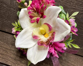 White Cymbidium Orchid Pin on Corsage