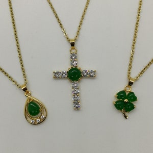 Genuine Small Multi Style Teardrop/Cross Zircon/Four-Leaf Clover Jade Pendant Necklace - 18 Inches Gold Chain - On Sale
