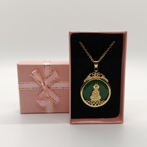 Genuine Green Jade Guanyin Jade Pendant Necklace 24k Gold Plated Frame - Donut Jade Necklace - 18 Inches Gold Chain - Premium Jade