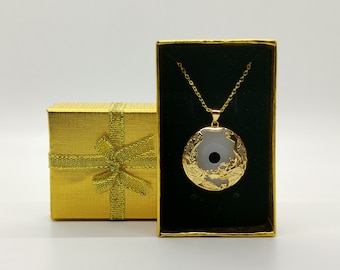 Genuine Translucent White Jade Pendant Plated with 24k Gold Dragon&Phoenix Frame - 18 Inches Gold Chain - Premium Quality - Limited Quantity