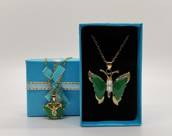 Genuine Green Large/Small Butterfly Jade Pendant Necklace Plated with 18k Gold Frame - 18 Inches Gold Chain - Premium Jade
