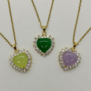 Genuine Multi Color Heart Shaped with White Zircon Jade Pendant Necklace - 18 Inches Gold Chain - Premium Quality