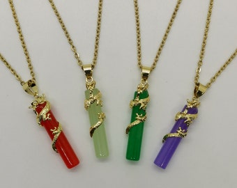 Genuine Red/LightGreen/Green/Purple Dragon Cylinder Jade Pendant Necklace - 18 Inches Gold Chain - On Sale