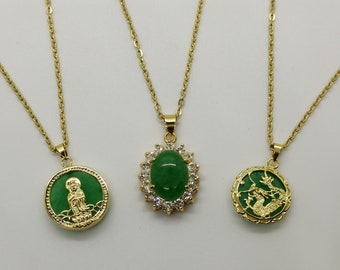 Genuine Green Guanyin/Oval Bead/Dragon Jade Pendant Necklace - 18 Inches Gold Chain