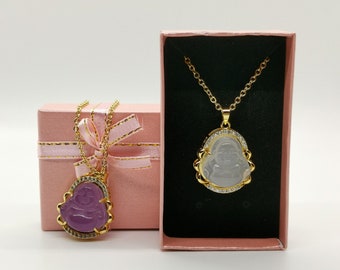 Genuine White/Purple Buddha with White Zircon Jade Pendant Necklace - 18 Inches Gold Chain - Premium Quality