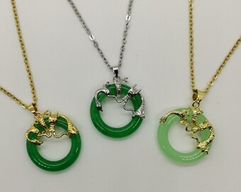 Genuine Purple and Green Jade Dragon and Phoenix Circle Necklace
