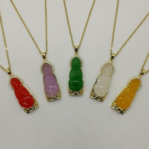 Genuine Medium Multi Color Guanyin Framed with White Zircon Jade Pendant Necklace - 18 Inches Gold Chain - Premium Quality