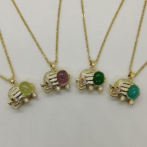 Genuine Medium Multi Color Elephant Jade Pendant Necklace Framed with Gold and White Zircon - 18 Inches Gold Chain - Premium Quality