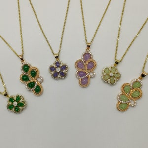 Genuine Small/Medium Multi Color Flower Jade Pendant Necklace Framed with White Zircon - 18 Inches Gold Chain - Premium Quality
