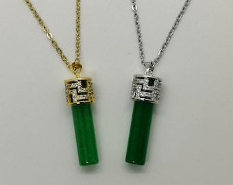 Echte groene cilinder jade hanger ketting 18k verguld - 18 inch goud / zilveren ketting