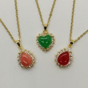 Genuine Small Multi Color Tear/Heart Jade Pendant Necklace - 18 Inches Gold Chain