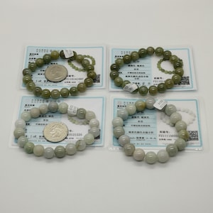 Certified Natural Two Tone White/Olive Jade Bead Bracelet - 6.5-7 Inches Length - 9mm Beads - Limited Quantity - *On Sale While Supply Last*