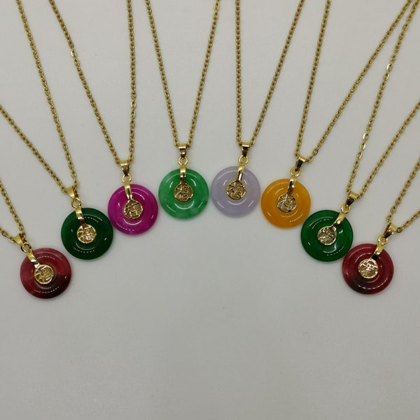 Genuine Small Multi Color Fu and Love Jade Pendant Necklace Plated with 18k Gold - 18 Inches Gold Chain - **Mega Sale While Supply Last**