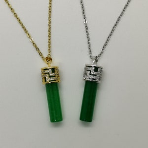 Genuine Green Cylinder Jade Pendant Necklace 18k Gold Plated - 18 Inches Gold/Silver Chain