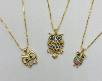 18K Gold Filled Multi Style Owls Necklace Framed with White Zirconia - 18 Inches Chain + 2 Inches Extension - Box Chain - Premium Quality
