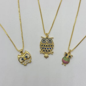 18K Gold Filled Multi Style Owls Necklace Framed with White Zirconia - 18 Inches Chain + 2 Inches Extension - Box Chain - Premium Quality