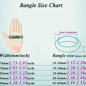K&ouml;nnte beinhalten: Eine Tabelle mit den Gr&ouml;&szlig;en von Armreifen in Zoll und Millimetern. Die Tabelle enth&auml;lt ein Diagramm einer Hand mit der markierten Handgelenksbreite und ein Diagramm eines Armreifens mit dem markierten Innendurchmesser. Die Tabelle zeigt die entsprechende Armreifgr&ouml;&szlig;e in Zoll und Millimetern f&uuml;r verschiedene Handgelenksbreiten.
