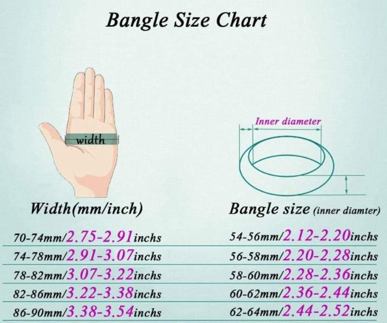 K&ouml;nnte beinhalten: Eine Tabelle mit den Gr&ouml;&szlig;en von Armreifen in Zoll und Millimetern. Die Tabelle enth&auml;lt ein Diagramm einer Hand mit der markierten Handgelenksbreite und ein Diagramm eines Armreifens mit dem markierten Innendurchmesser. Die Tabelle zeigt die entsprechende Armreifgr&ouml;&szlig;e in Zoll und Millimetern f&uuml;r verschiedene Handgelenksbreiten.