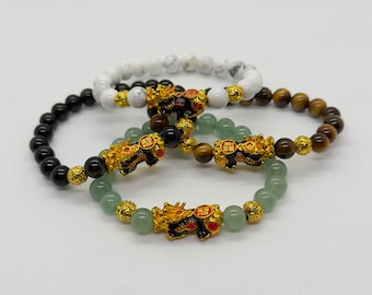 Natural Multi Jade/Tiger Eye/Black Obsidian/White Turquoise Bead with 24k Gold Pixiu Bracelet - 8mm Bead - 6.5in length - Premium Quality