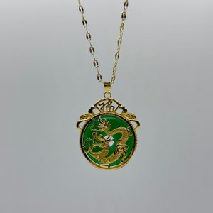 Genuine Green Jade Pendant Plated with 24k Gold Carved Dragon/Good Fortune Necklace - 18 Inches Gold Chain - Premium Jade - Limited Quantity