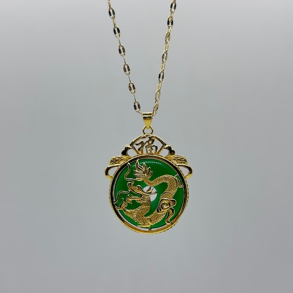 Genuine Green Jade Pendant Plated with 24k Gold Carved Dragon/Good Fortune Necklace - 18 Inches Gold Chain - Premium Jade - Limited Quantity