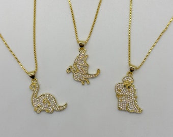 18K Gold Filled Dinosaur Pendant Necklace Framed with White Zirconia - 18 Inches Chain + 2 Inches Extension - Box Chain - Premium Quality