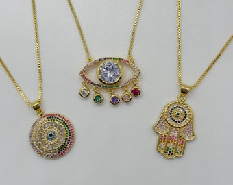 18k Gold Filled Evil Eye Pendant Necklace - Multi Color Cubic Zirconia - 18 Inches Chain + 2 Inches Extension - Box Chain - Premium Quality