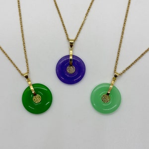 New Style - Natural Jade Medium Green/Purple/Light Green Color Good Fortune Fu Donut Jade Pendant Necklace - Premium Quality