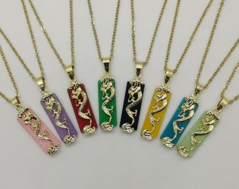 Genuine Multi Color Dragon Rectangle Jade Pendant Necklace - 18 Inches Gold Chain - On Sale