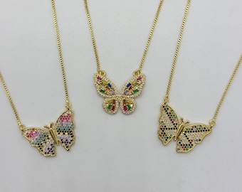 18K Gold Filled Multi Style Butterfly Pendant Necklace Framed Zirconia - 18 Inches Chain + 2 Inches Extension - Box Chain - Premium Quality